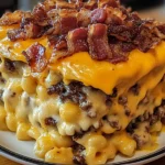 A delicious serving of BBQ Bacon Mac and Cheese Casserole with crispy bacon, melted cheese, and a golden-brown crust in a baking dish.