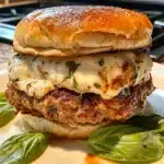 Juicy mozzarella-stuffed turkey burger with a golden-brown sear, melted cheese oozing from the center, served on a toasted bun with fresh lettuce and tomato.