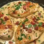 Creamy Tuscan Chicken served in a skillet with bacon, spinach, and a rich garlic-Parmesan sauce.