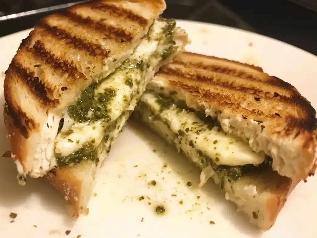 Quick Panini Recipe – A cheesy pesto chicken panini with melted mozzarella and fresh basil pesto, grilled to golden perfection on crispy bread.