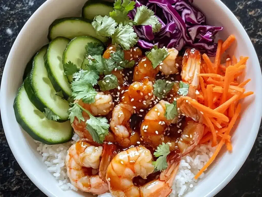 A beautifully plated honey sriracha shrimp bowl with shrimp, sesame seeds, cilantro, cucumbers, purple cabbage, and shredded carrots over a bed of white rice.