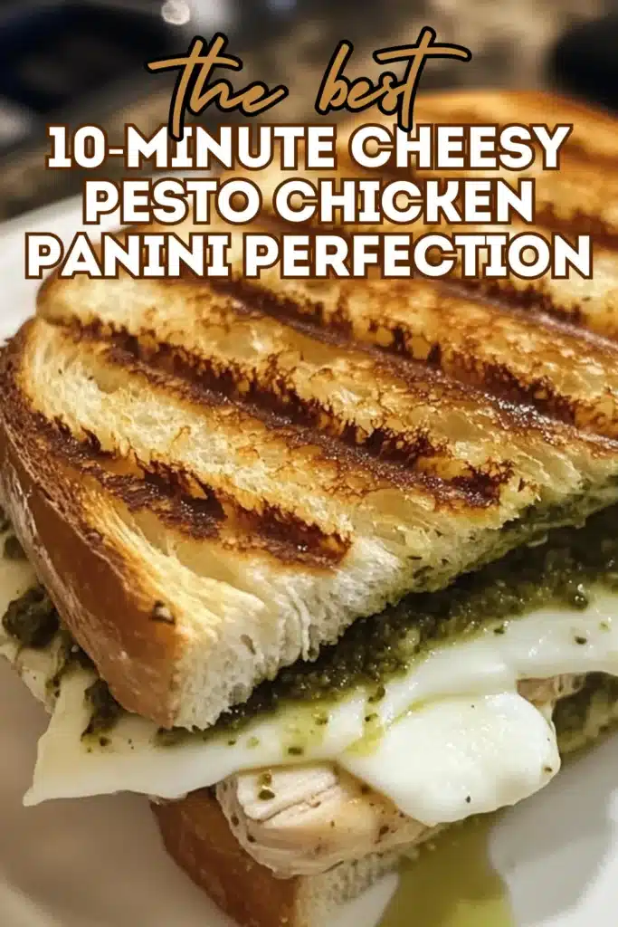 Close-up of a golden-brown, grilled panini with melted mozzarella cheese, fresh pesto, and tender chicken on crispy toasted bread.