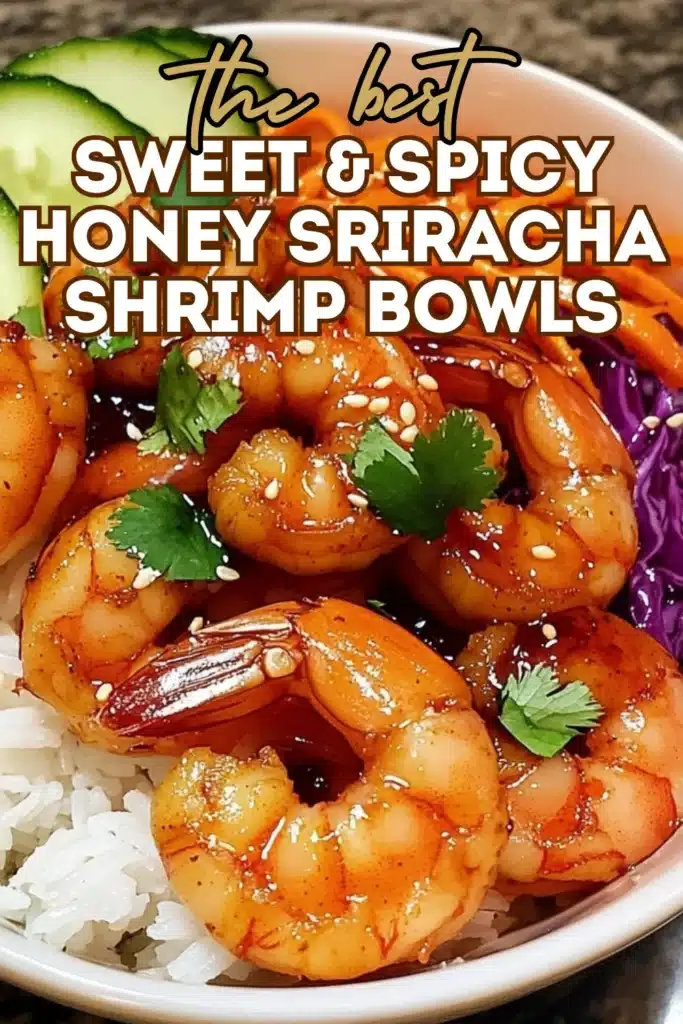 Close-up of a honey sriracha shrimp bowl with juicy shrimp drizzled in a glossy sweet and spicy sauce, garnished with sesame seeds and cilantro.