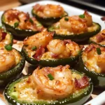 A close-up of Fiery Cajun Shrimp Stuffed Jalapeños, featuring golden, bubbly cheese, crispy bacon crumbles, and vibrant green jalapeños filled with a creamy Cajun-spiced shrimp mixture.