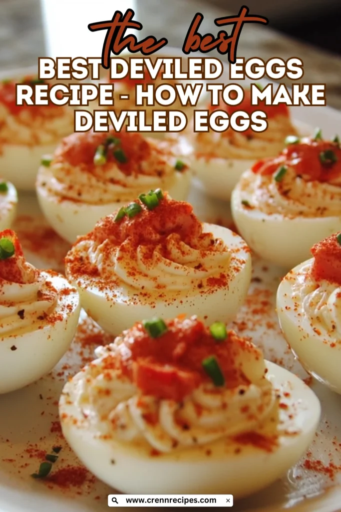Social media-ready vertical image of deviled eggs garnished with bacon bits and chives with text overlay reading "The Best Deviled Eggs Recipe - How To Make Deviled Eggs".