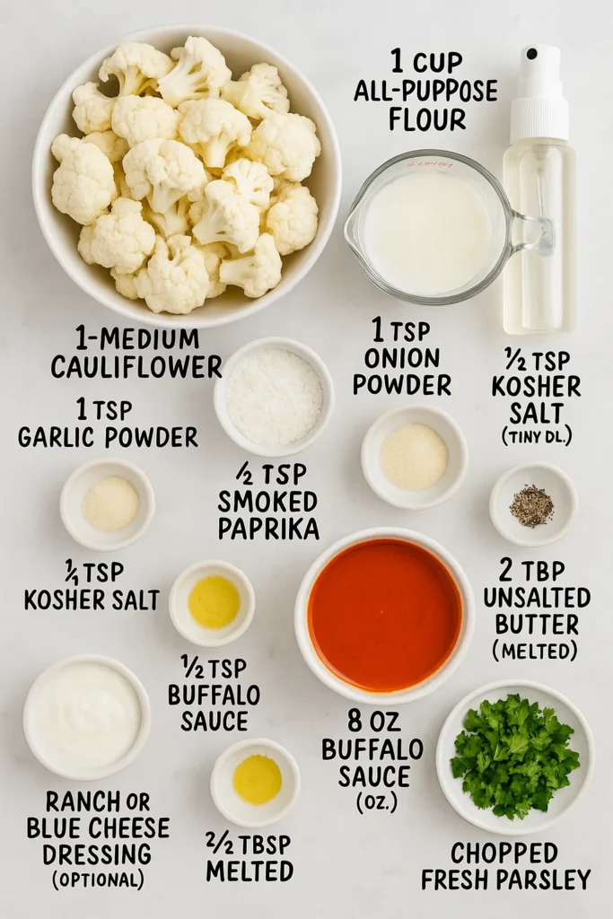Ingredient layout for buffalo cauliflower recipe including cauliflower florets, flour, milk, spices, and buffalo sauce with labeled measurements.