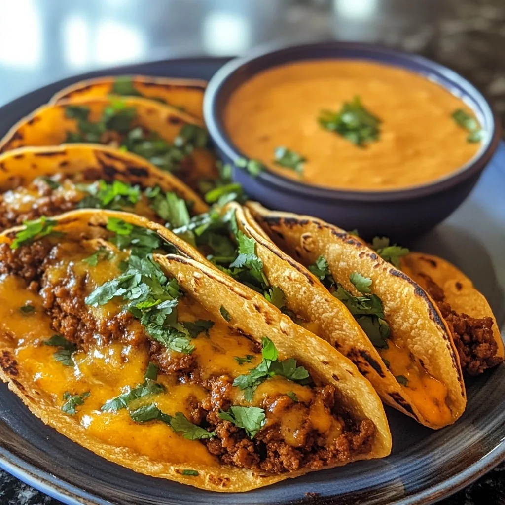 Cheese-topped birria tacos with melted yellow cheese and cilantro garnish, served with a side of queso dip in a blue bowl.