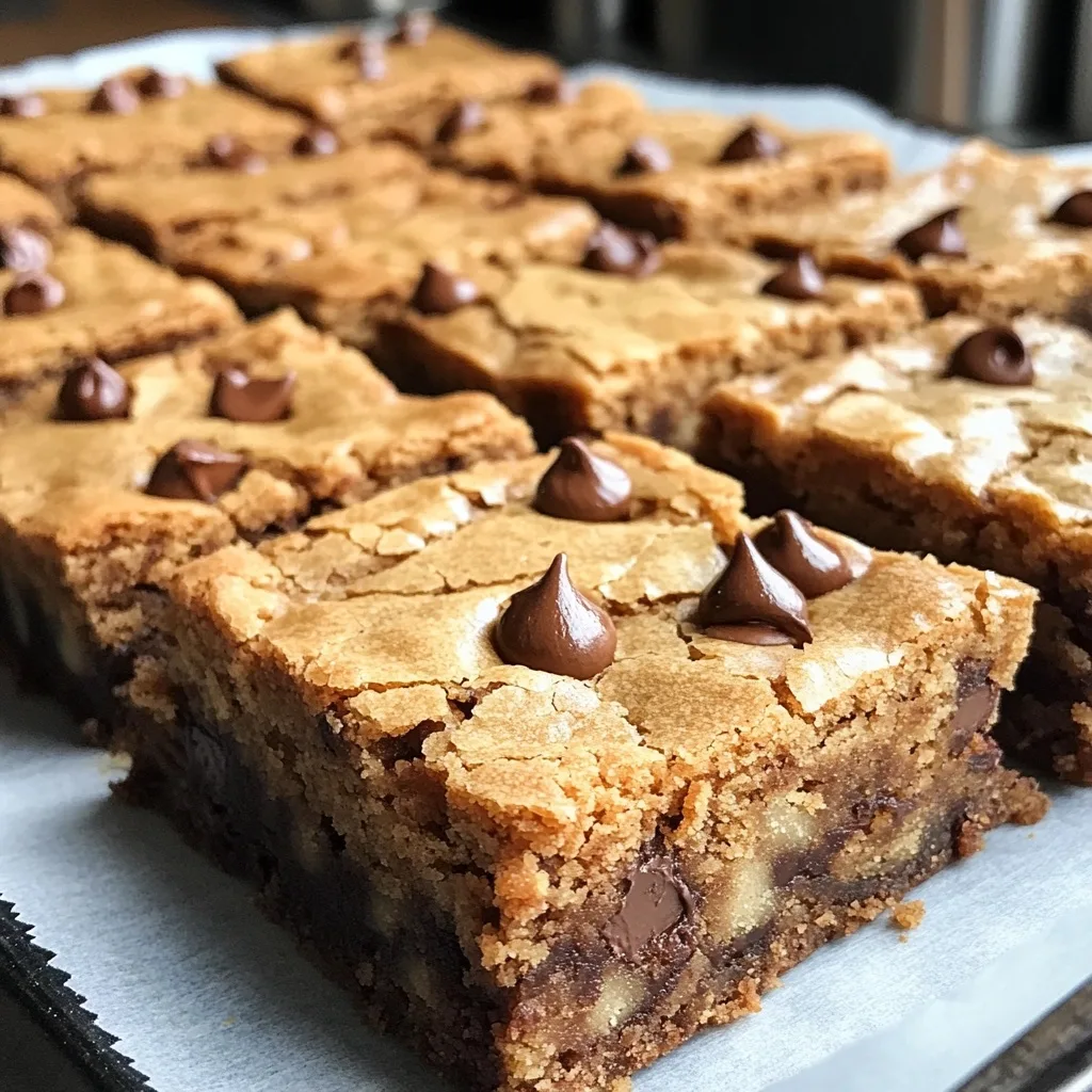 Close-up of gooey brown butter cookie dough blondies with chocolate kiss toppings and visible layers of cookie dough