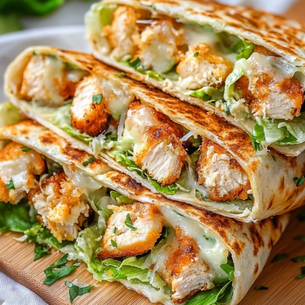 Stack of Cheesy Chicken Caesar Wraps showing crispy tortillas, grilled chicken pieces, lettuce, and melted cheese