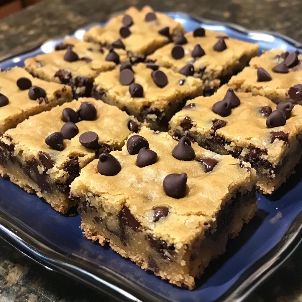Close-up of chocolate chip cookie dough bars on a blue plate showing gooey texture and melty chocolate chips