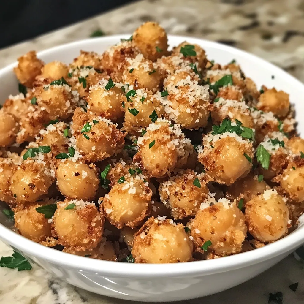 Overhead view of garlic-parmesan chickpea crunch bites with visible seasoning and fresh herbs in a white serving bowl