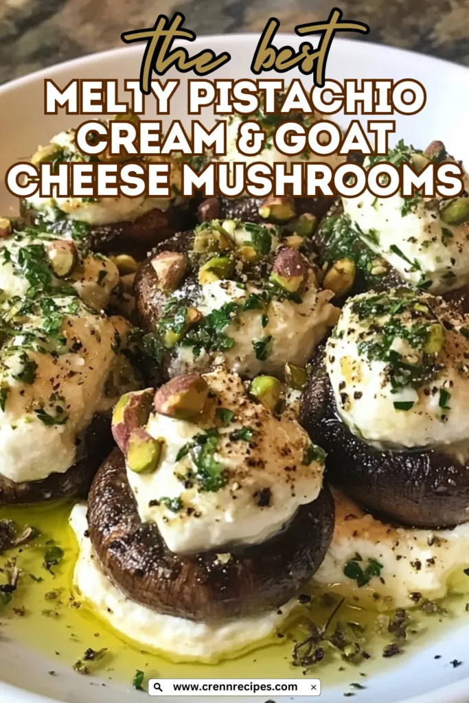 Close-up of stuffed mushrooms topped with goat cheese, chopped pistachios, and fresh herbs in olive oil.