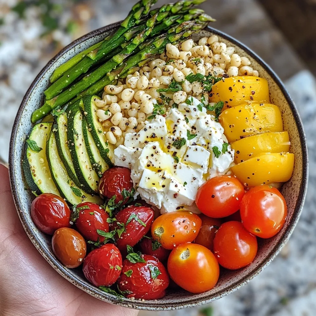 Mediterranean bowl featuring roasted asparagus, zucchini, cherry tomatoes, yellow bell pepper, and creamy whipped feta cheese on a bed of pearl couscous or orzo.