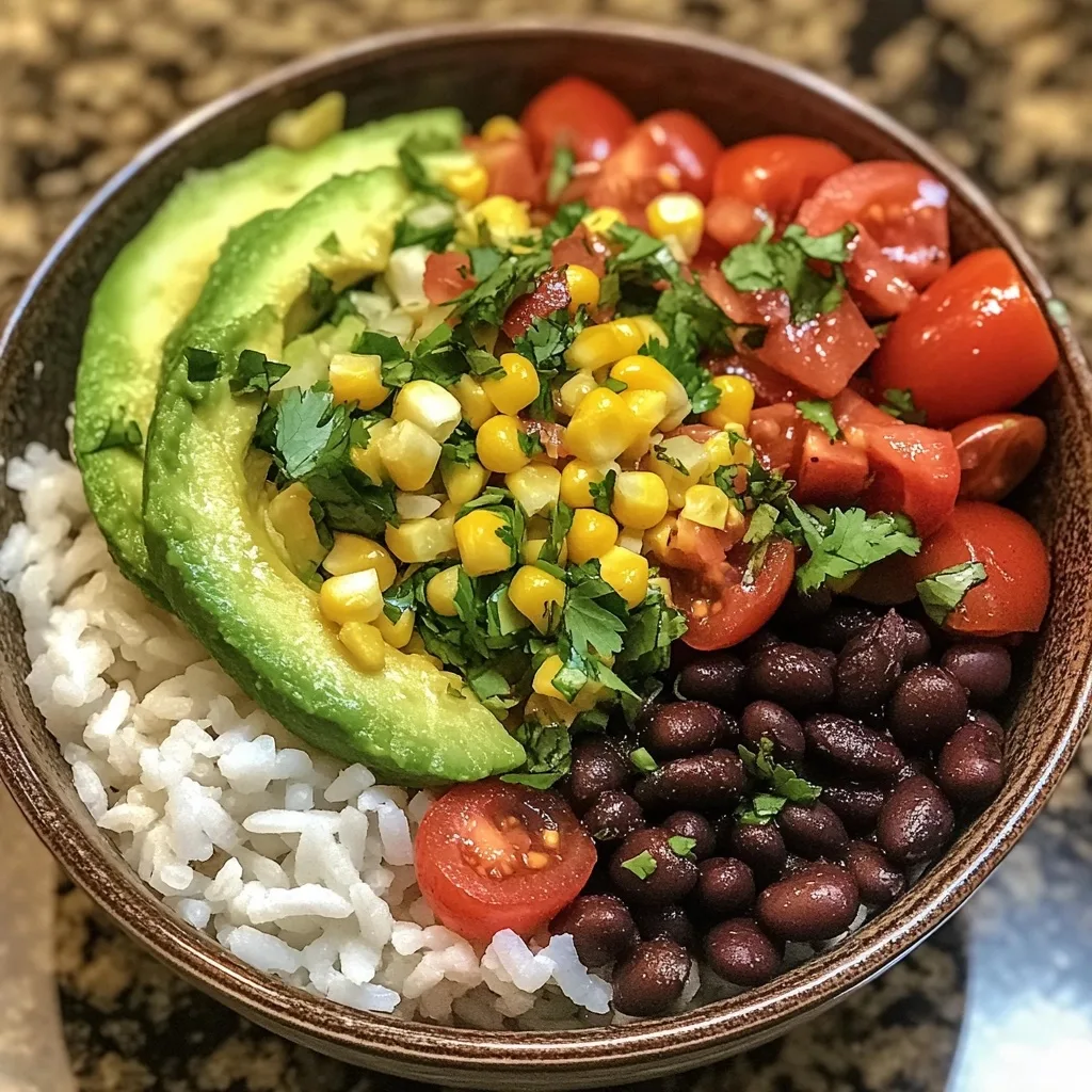 Burrito bowl with avocado slices, black beans, corn, cherry tomatoes, and white rice garnished with cilantro in a wooden bowl.