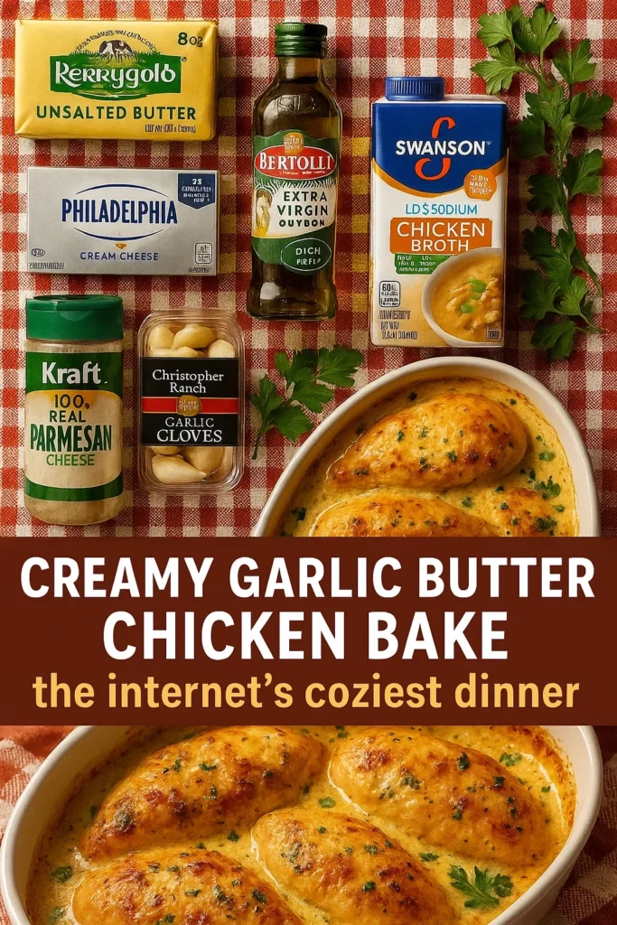 Ingredients for Creamy Garlic Butter Chicken Bake with finished dish on red checkered cloth