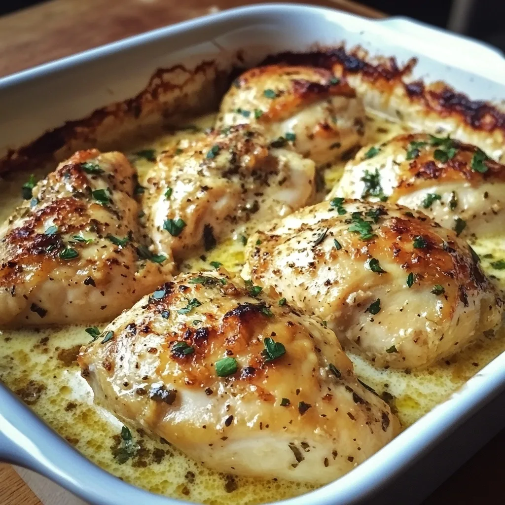 Golden-brown chicken breasts in creamy garlic butter sauce in white baking dish