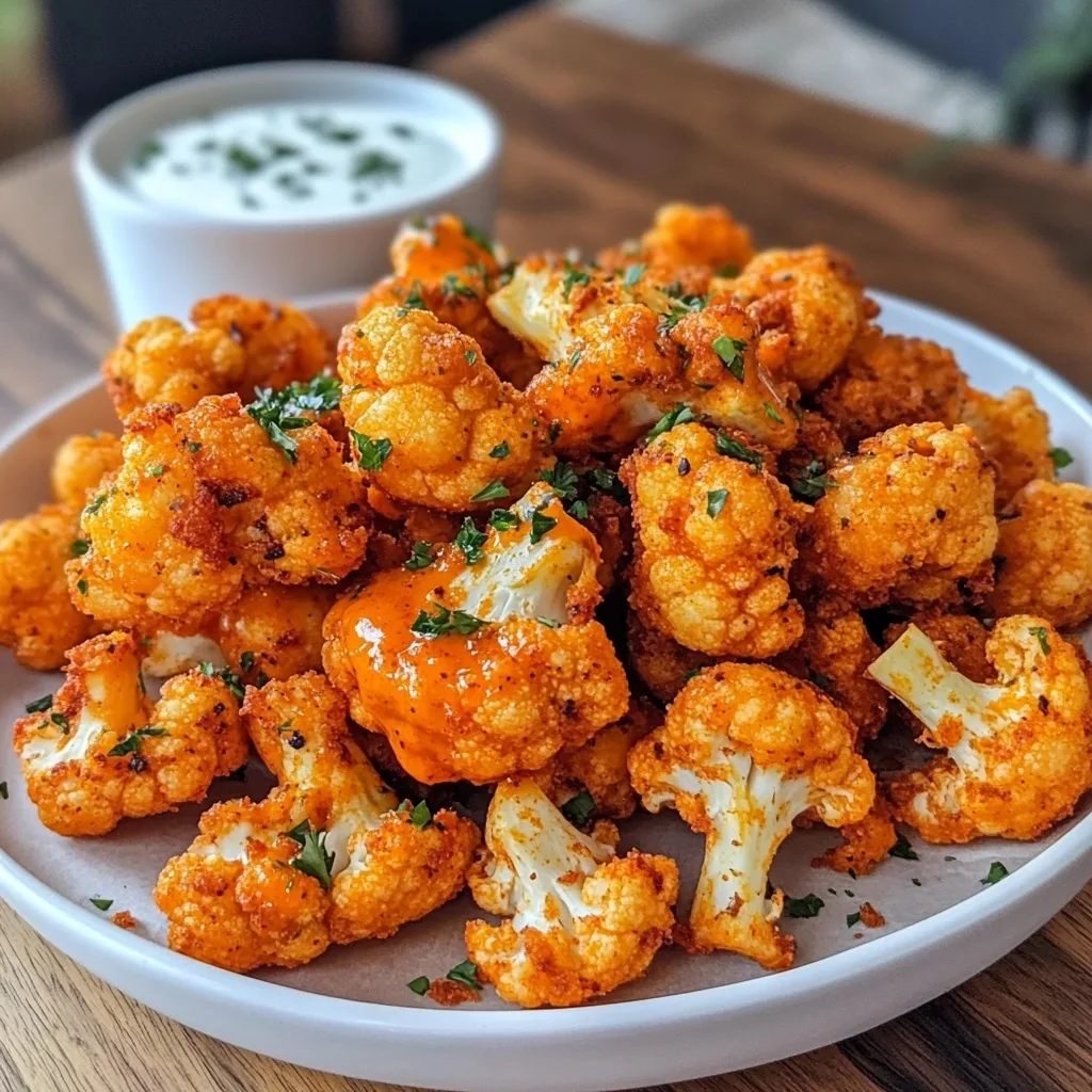 Golden crispy buffalo cauliflower florets on a white plate with a small bowl of ranch dipping sauce, garnished with fresh herbs.