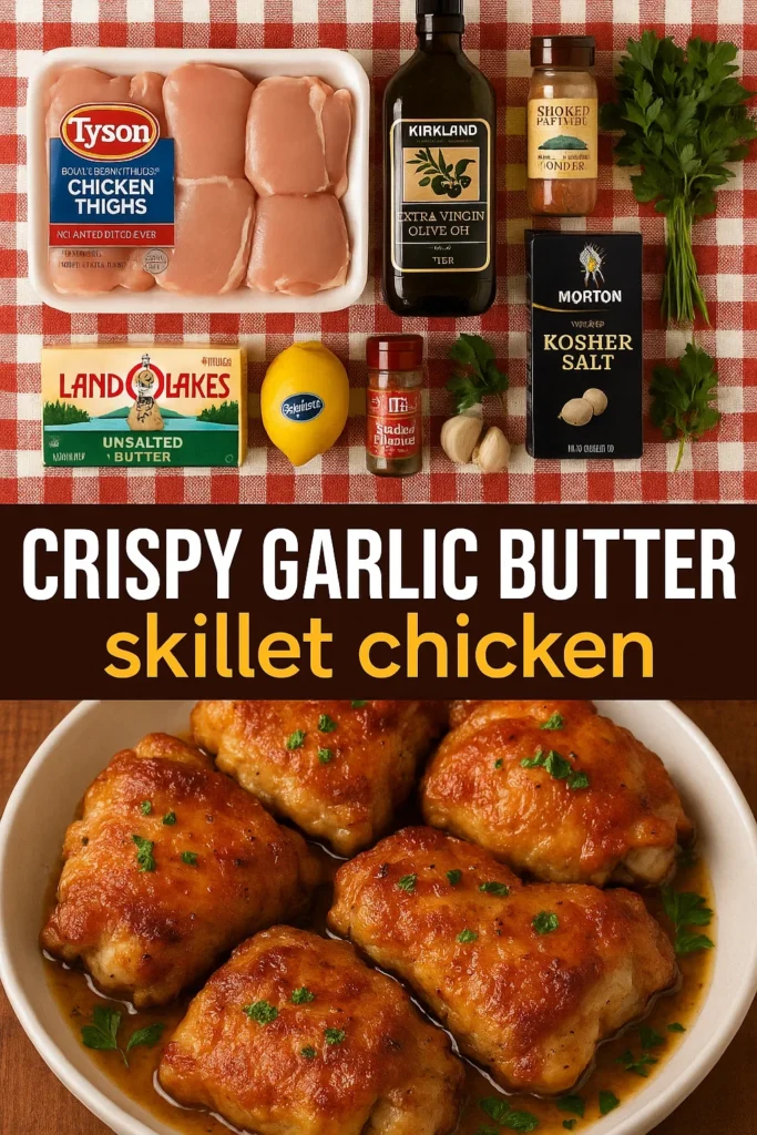 Crispy Garlic Butter Skillet Chicken ingredients and finished dish in a serving bowl