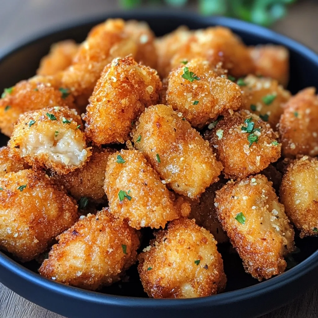Golden brown crispy honey garlic chicken bites garnished with herbs served in a black bowl