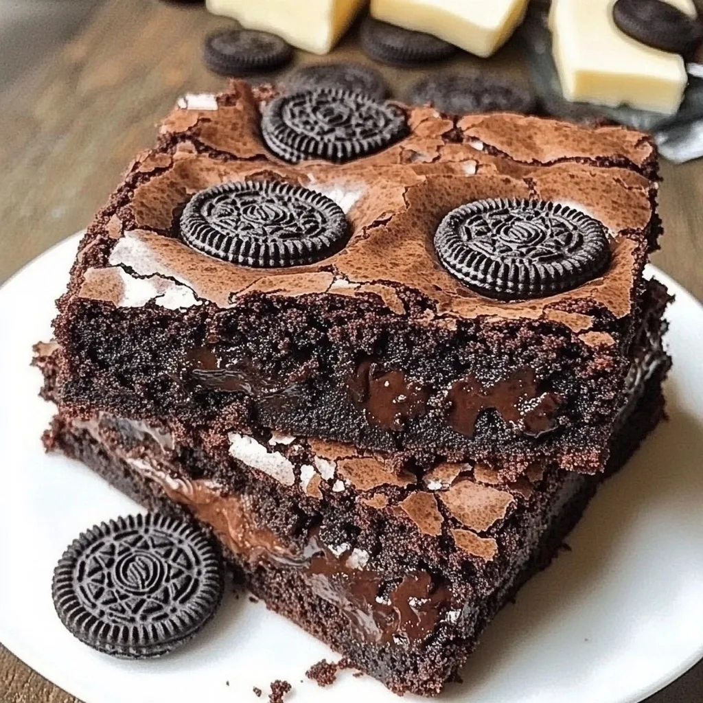 Melt-in-Your-Mouth Oreo Fudge Brownies with shiny crackly top and whole Oreo cookies