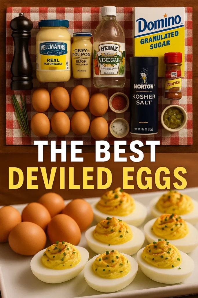 Overhead view of deviled egg ingredients including fresh eggs, Hellmann's mayonnaise, Grey Poupon mustard, vinegar, and seasonings on a red checkered cloth