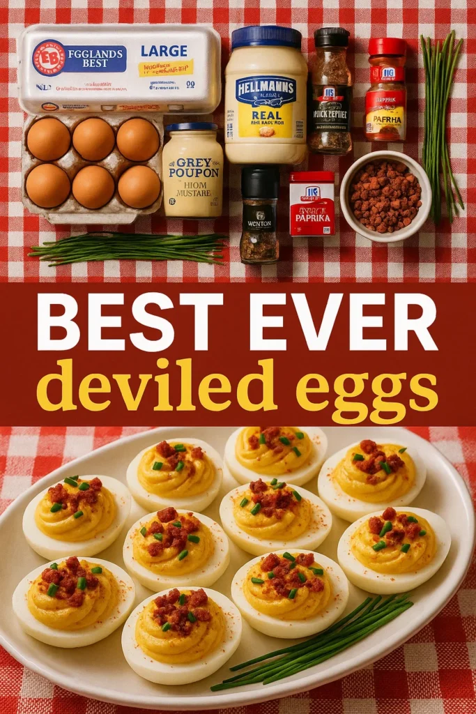Deviled eggs ingredients including eggs, mayonnaise, mustard, spices, bacon bits and herbs arranged on a red checkered tablecloth.