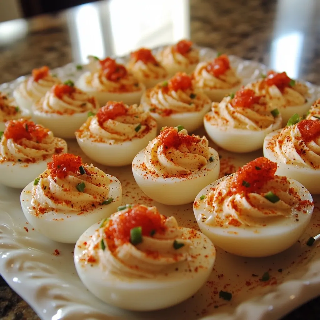 Beautifully piped deviled eggs garnished with paprika and chopped chives arranged on a white decorative plate.