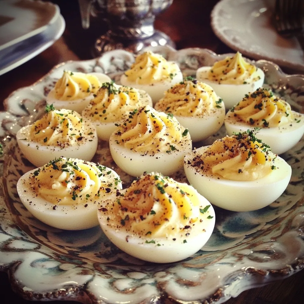 Creamy deviled eggs with piped yellow filling garnished with paprika and herbs, arranged on an ornate decorative plate