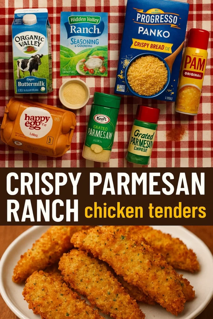 Ingredients for Crispy Parmesan Ranch Chicken Tenders including buttermilk, ranch seasoning, panko breadcrumbs, and Parmesan cheese