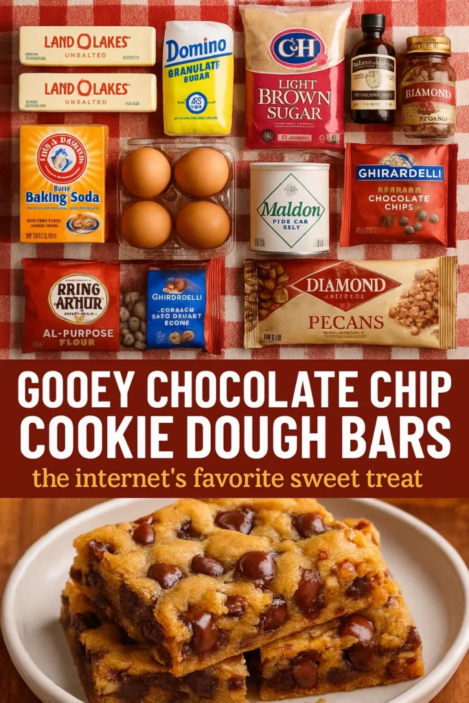 Ingredient flat lay for chocolate chip cookie dough bars including butter, sugars, eggs, flour, chocolate chips, and pecans