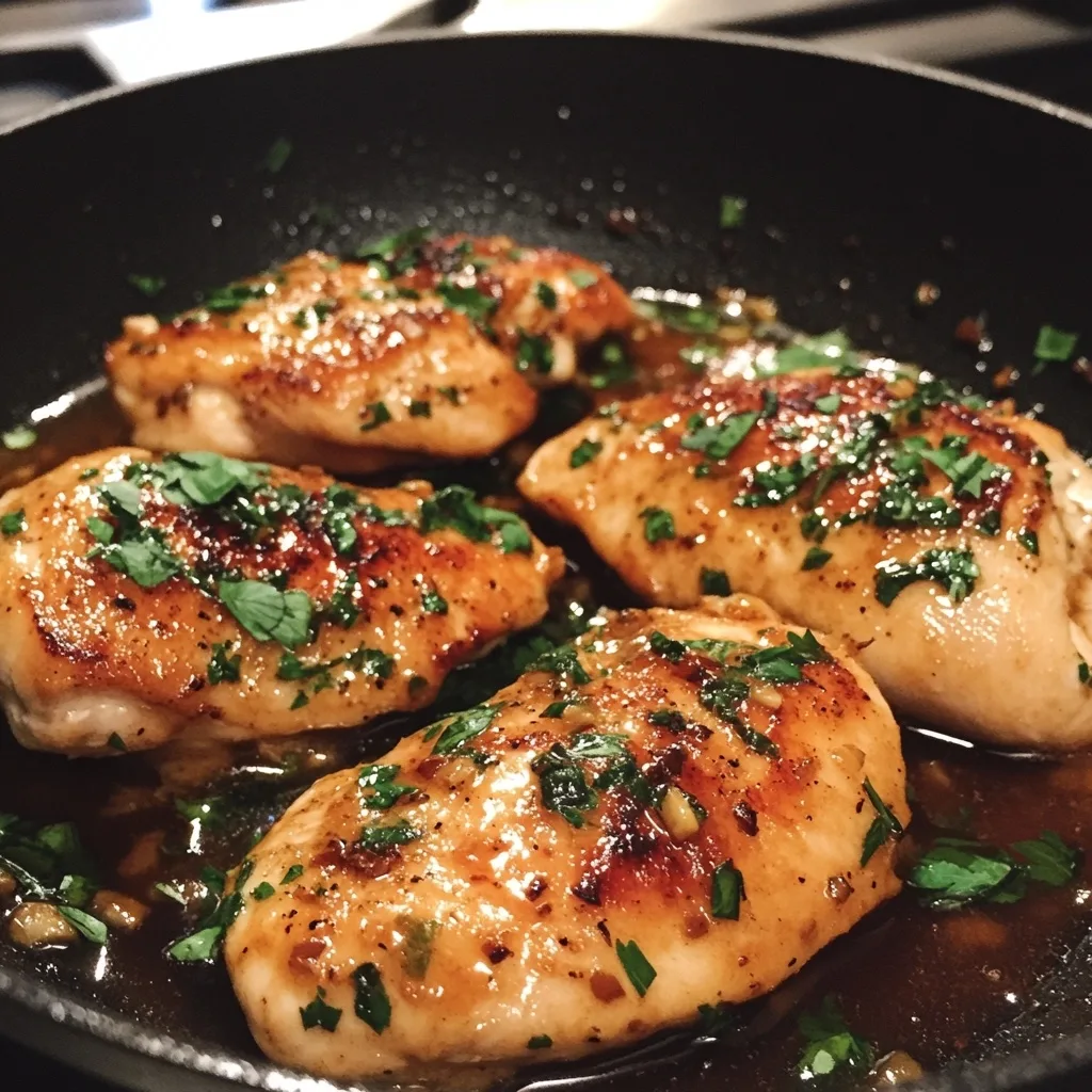 Perfectly seared chicken thighs in garlic butter sauce garnished with fresh herbs