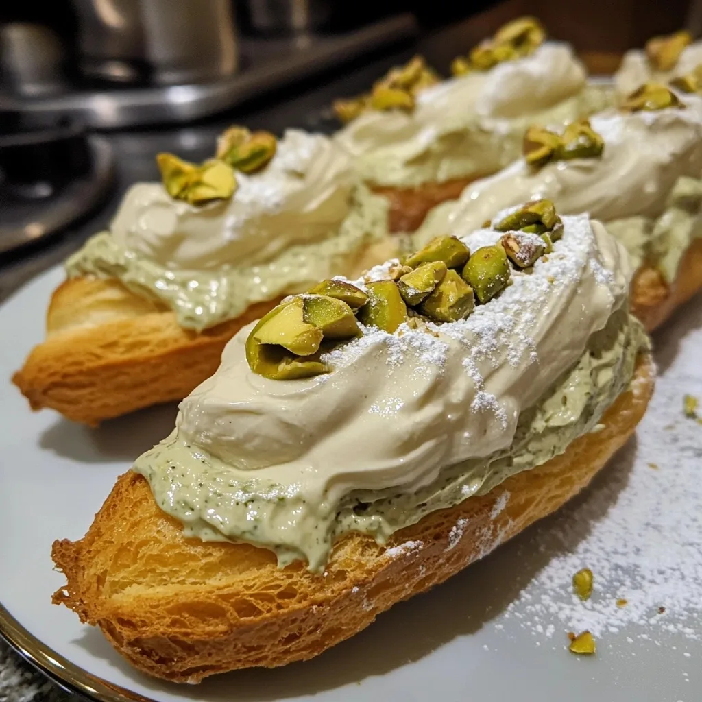 Side view of flaky pistachio cream éclairs showing layers of pastry and green filling topped with pistachios