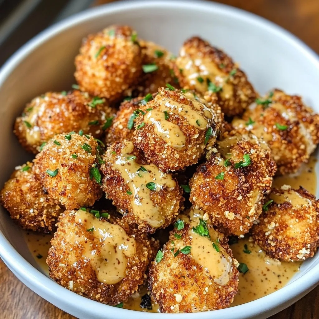 Crispy golden-brown air fryer chicken bites in a white bowl, drizzled with honey mustard sauce and garnished with fresh chopped herbs