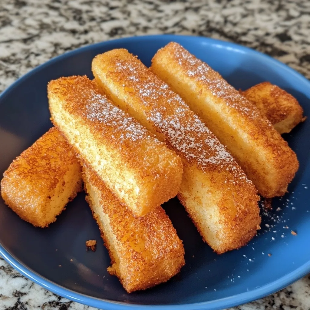 Stack of air fryer french toast sticks with crispy exterior and cinnamon-sugar coating on blue plate