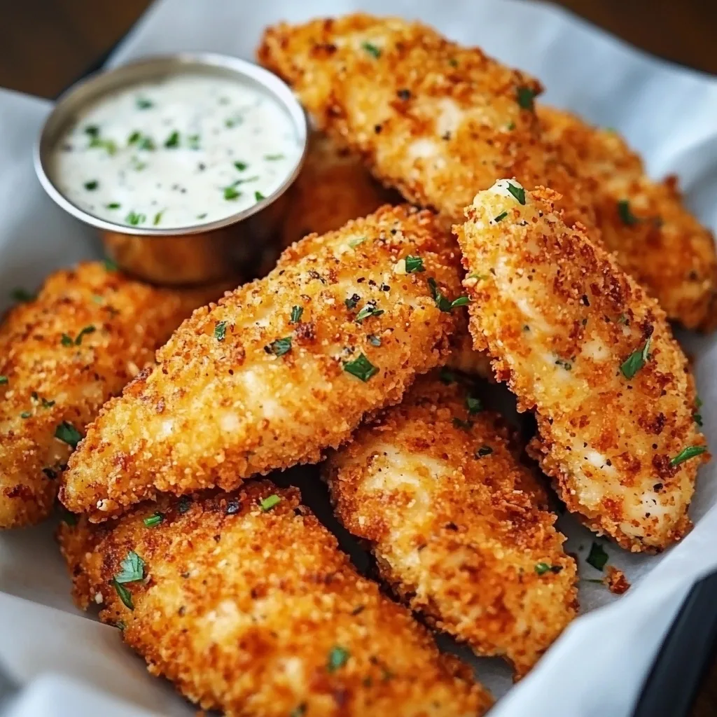 Crispy Parmesan Ranch Chicken Tenders piled on a white plate with a side of creamy herb ranch dipping sauce