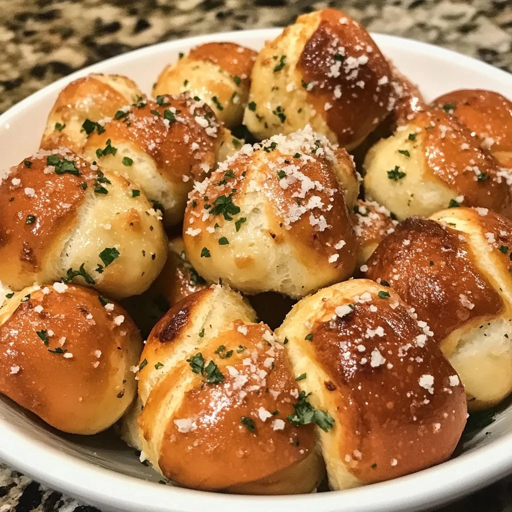 Golden brown garlic butter parmesan pretzel bites topped with grated cheese and fresh parsley in a white bowl.