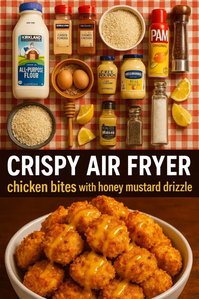 Overhead view of all ingredients needed for air fryer chicken bites with honey mustard sauce arranged on a red checkered tablecloth