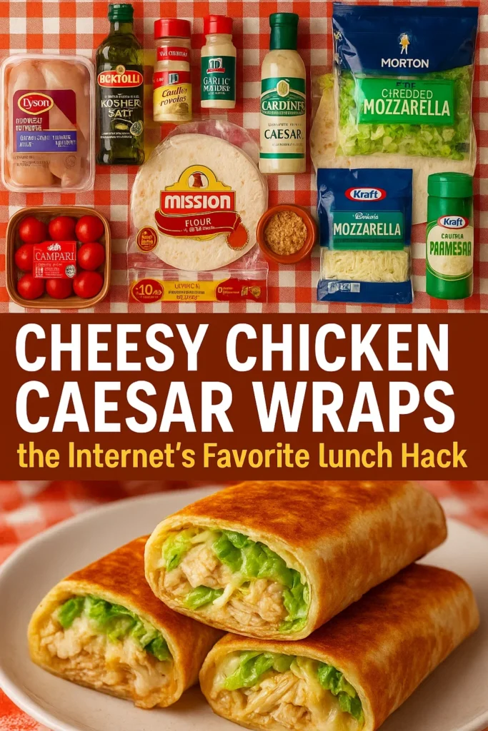 Overhead view of all ingredients needed for Cheesy Chicken Caesar Wraps including chicken, tortillas, cheese, lettuce, and dressing