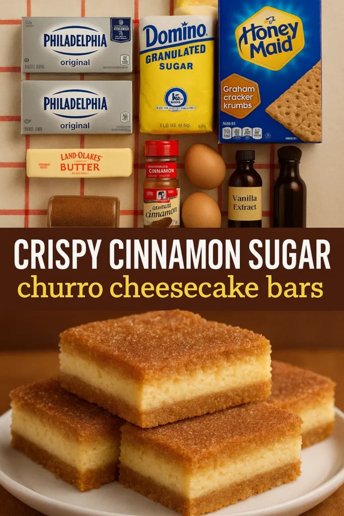 Ingredients for churro cheesecake bars including cream cheese, graham crackers, butter, eggs and cinnamon, with finished bars stacked on a plate below