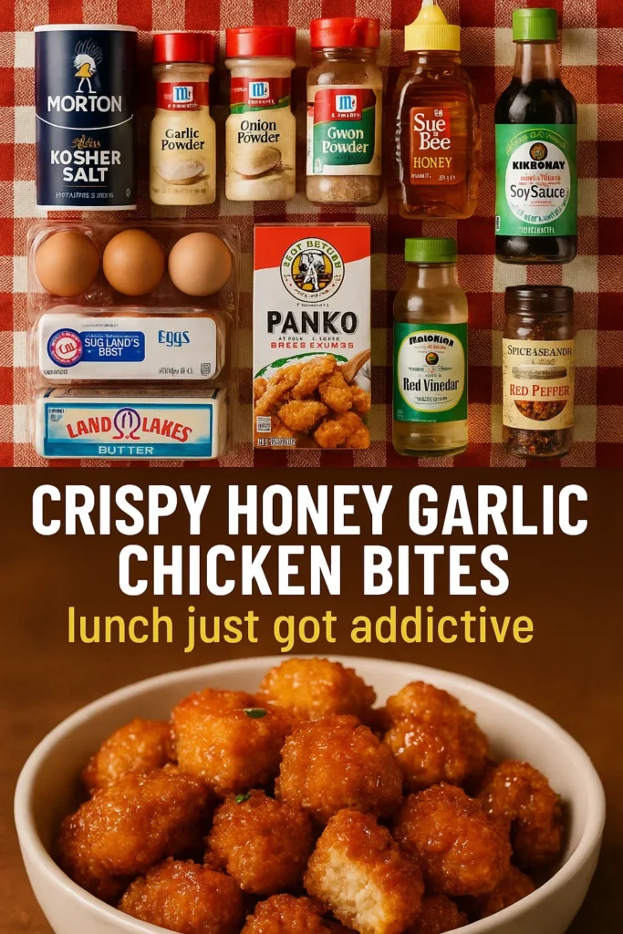 Ingredients for Crispy Honey Garlic Chicken Bites including panko, eggs, honey, soy sauce, and spices