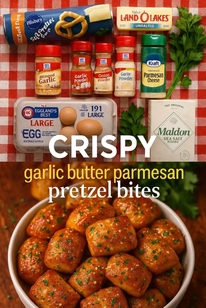 Ingredients for garlic butter parmesan pretzel bites arranged on a red checkered tablecloth including pretzel dough, butter, garlic, spices, eggs, and cheese.