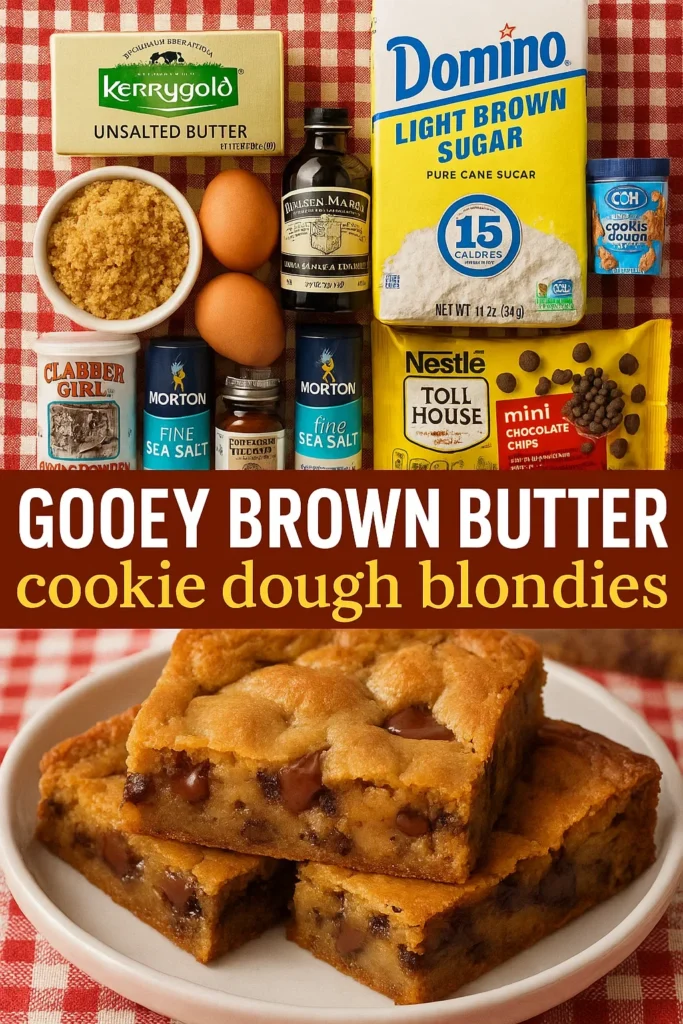 Ingredients for gooey brown butter cookie dough blondies including butter, brown sugar, eggs, vanilla, flour, and chocolate chips on a red checkered tablecloth