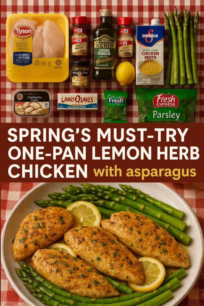 Ingredient flat lay for lemon herb chicken with asparagus, featuring chicken breasts, herbs, spices, olive oil, lemon, and fresh asparagus on a red checkered cloth.