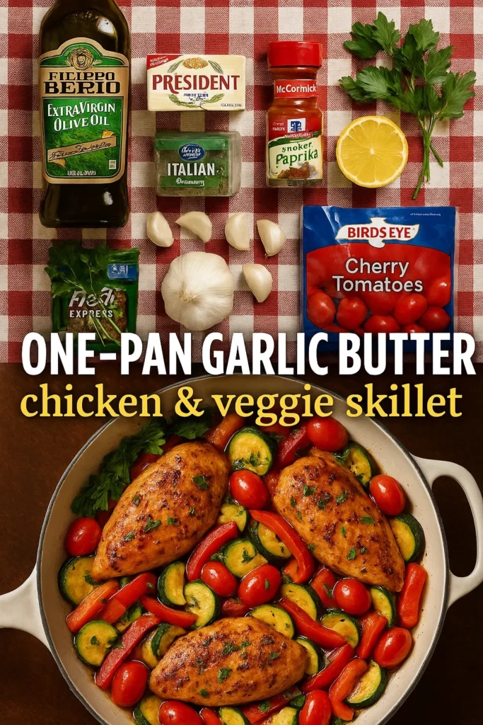 Overhead view of a white skillet containing golden-brown chicken breasts surrounded by colorful zucchini slices, red peppers, and cherry tomatoes with ingredients displayed above on a red checkered tablecloth.