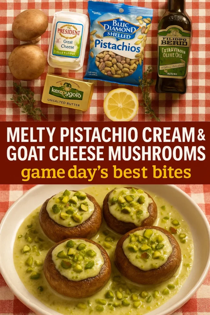 Overhead view of stuffed mushrooms with pistachio cream sauce alongside the raw ingredients: mushrooms, goat cheese, pistachios, butter, olive oil, lemon, and herbs on a checkered tablecloth.