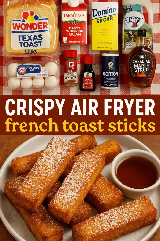 Ingredients for air fryer french toast sticks including Texas toast, eggs, cream, and maple syrup with finished sticks belowv