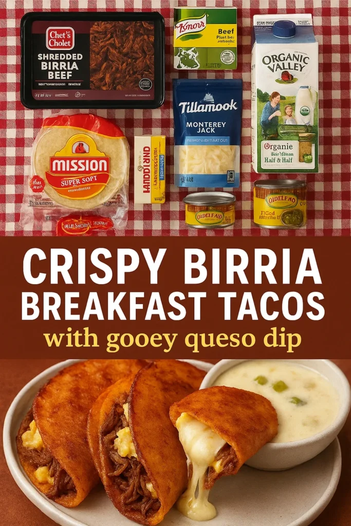 Ingredients for birria breakfast tacos arranged on a red checkered tablecloth, including packaged shredded birria beef, tortillas, cheese, and condiments.