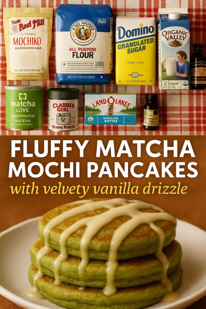 Ingredients for matcha mochi pancakes including mochiko, all-purpose flour, sugar, matcha powder, baking powder, milk, butter, and vanilla extract