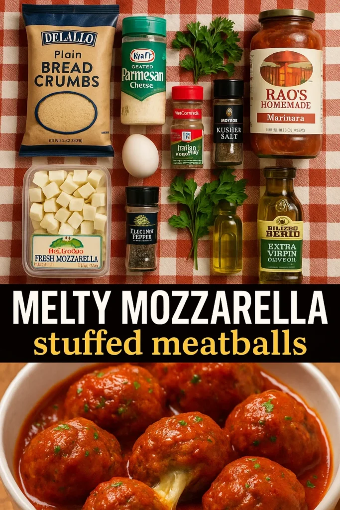 Fresh ingredients for homemade Melty Mozzarella Stuffed Meatballs including breadcrumbs, Parmesan, fresh mozzarella, and Rao's marinara sauce