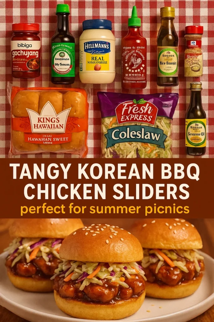 Ingredient flatlay for Korean BBQ Chicken Sliders with gochujang, Hawaiian rolls and coleslaw